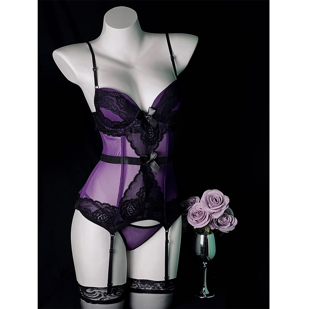 Sexy Lingerie Set Loungewear Cute Erotic Extreme Sexy Competition Leotard One Size Purple [SENMHS] 4-piece [Top, Shorts, Garter, Stockings]
