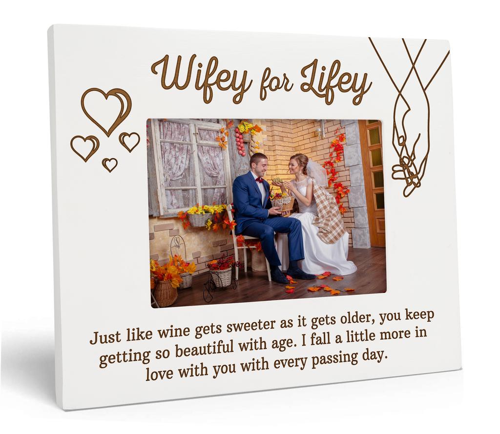 Darling Souvenir MADE WITH LOVE Personalized Wood Engraved Wedding Couple Picture Frame, Tabletop White Photo Frame (Wifey For Lifey)