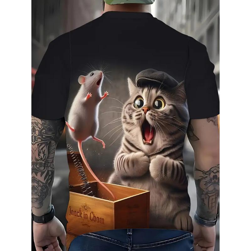 3D Printed Men's Round Neck T-shirt Casual Summer Wear Lightweight Trendy and Versatile Super Practical Cat Pattern T-shirt