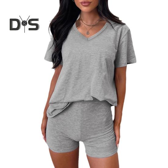 

2 шт./комплект женский футболка шорты комплект костюм V-образный вырез короткий рукав однотонный свободный топ высокая талия мини шорты спортивный наряд повседневный спортивный костюм XL серый