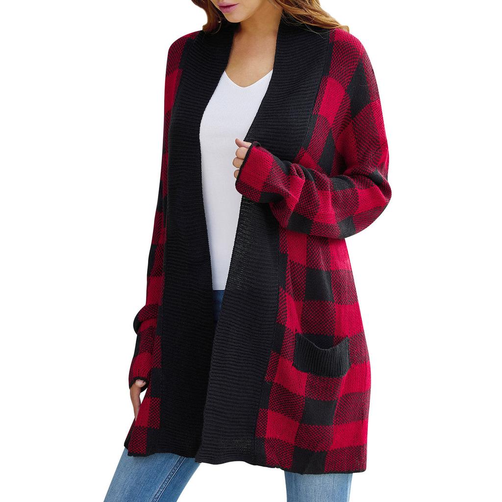 Women Open Front Long Knit Cardigan Sweater With Pockets