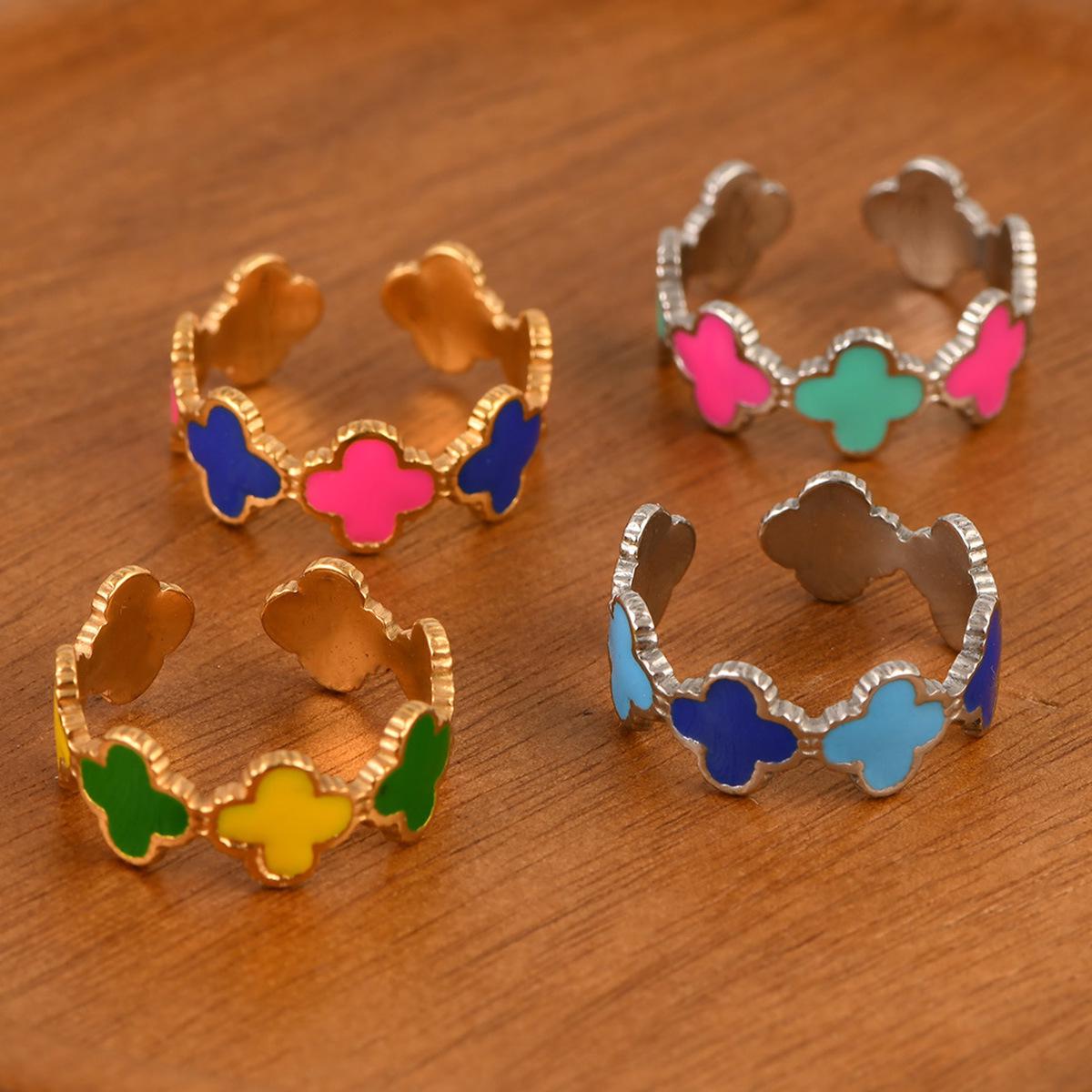 

Cross-border Four-Leaf Clover Enamel Ring - Colorful, Fresh Style, Adjustable Stainless Steel One Size светло-синий/темно-синий