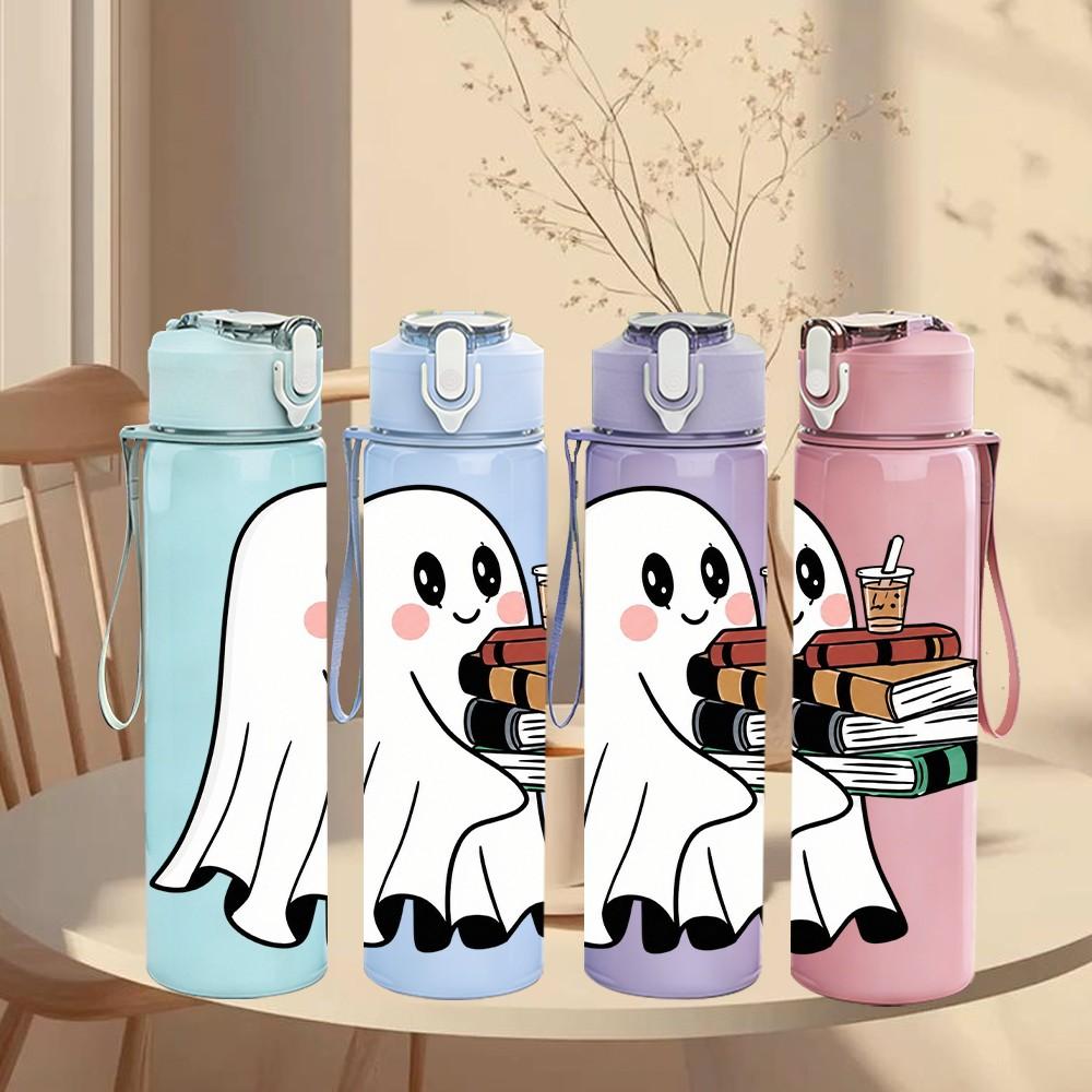 1PC Halloween Ghost Reading Book 750ml Color Plastic Sports Water Bottle Leakproof Flip Straw Lid Suitable for Sports Office Home Use