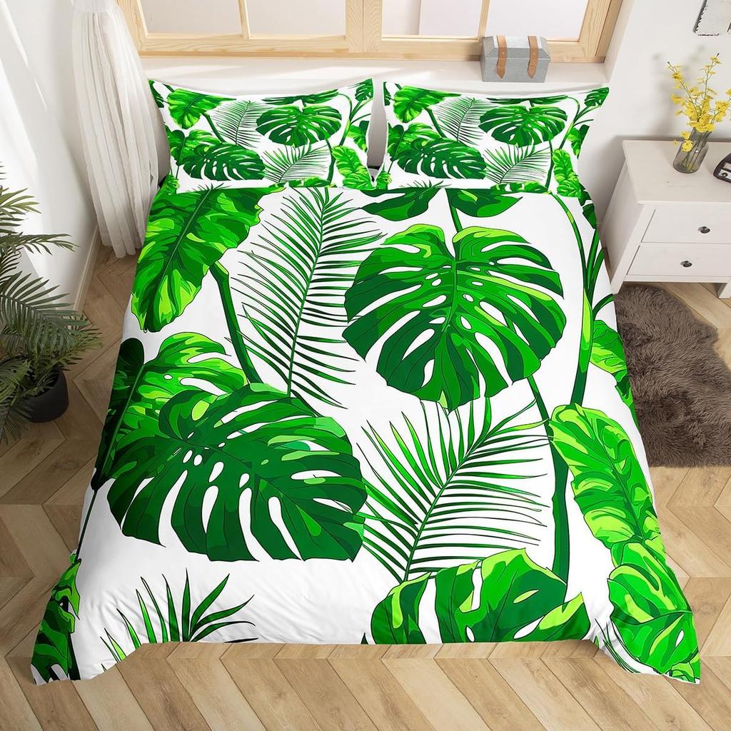 Tropical Botanical Duvet Cover Gold Palm Tree Leaf Comforter Cover King Jungle Nature Theme Watercolor Plant Leaves Bedding Set