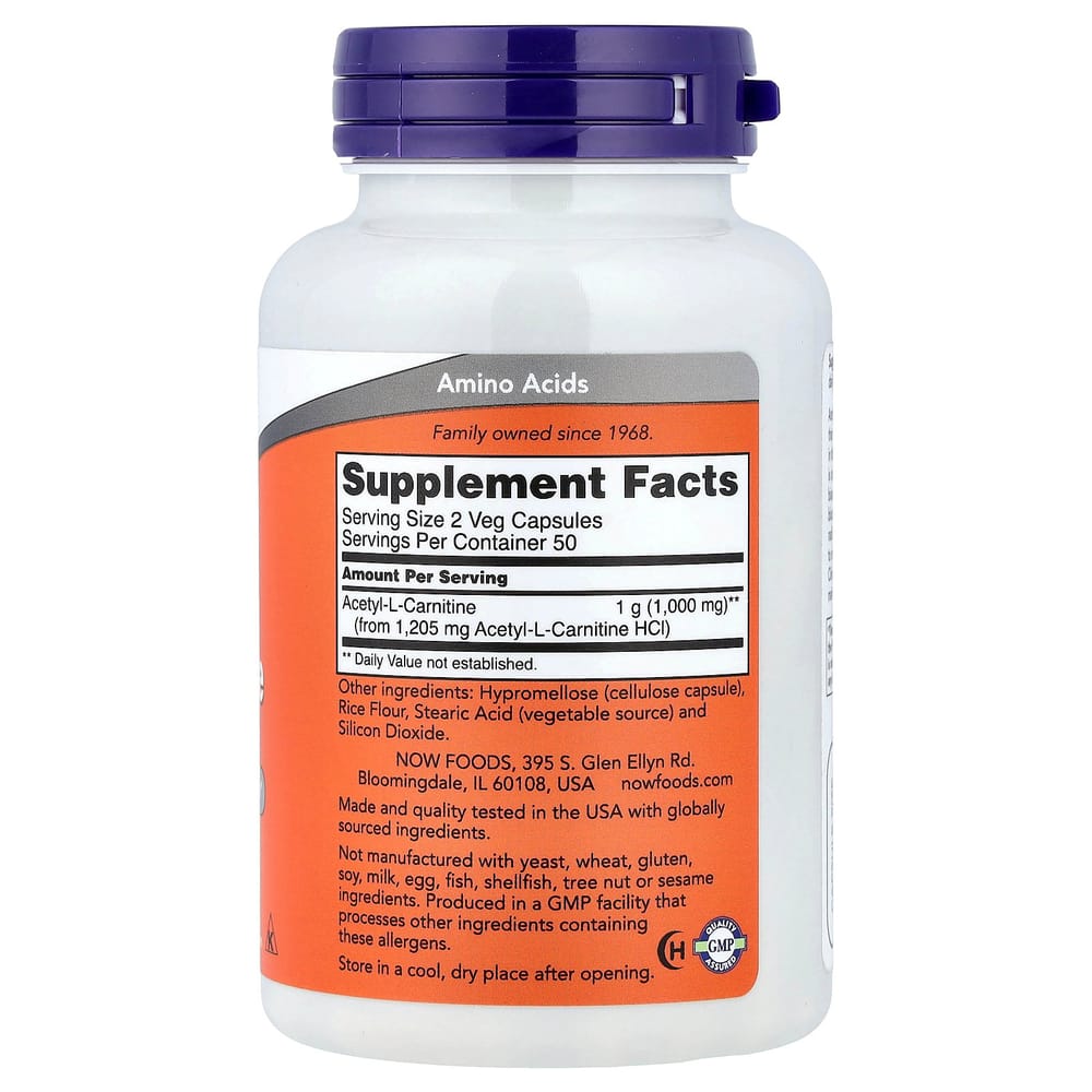 Now Foods Acetyl-L-Carnitine 500mg Veg Capsules, 100 Count