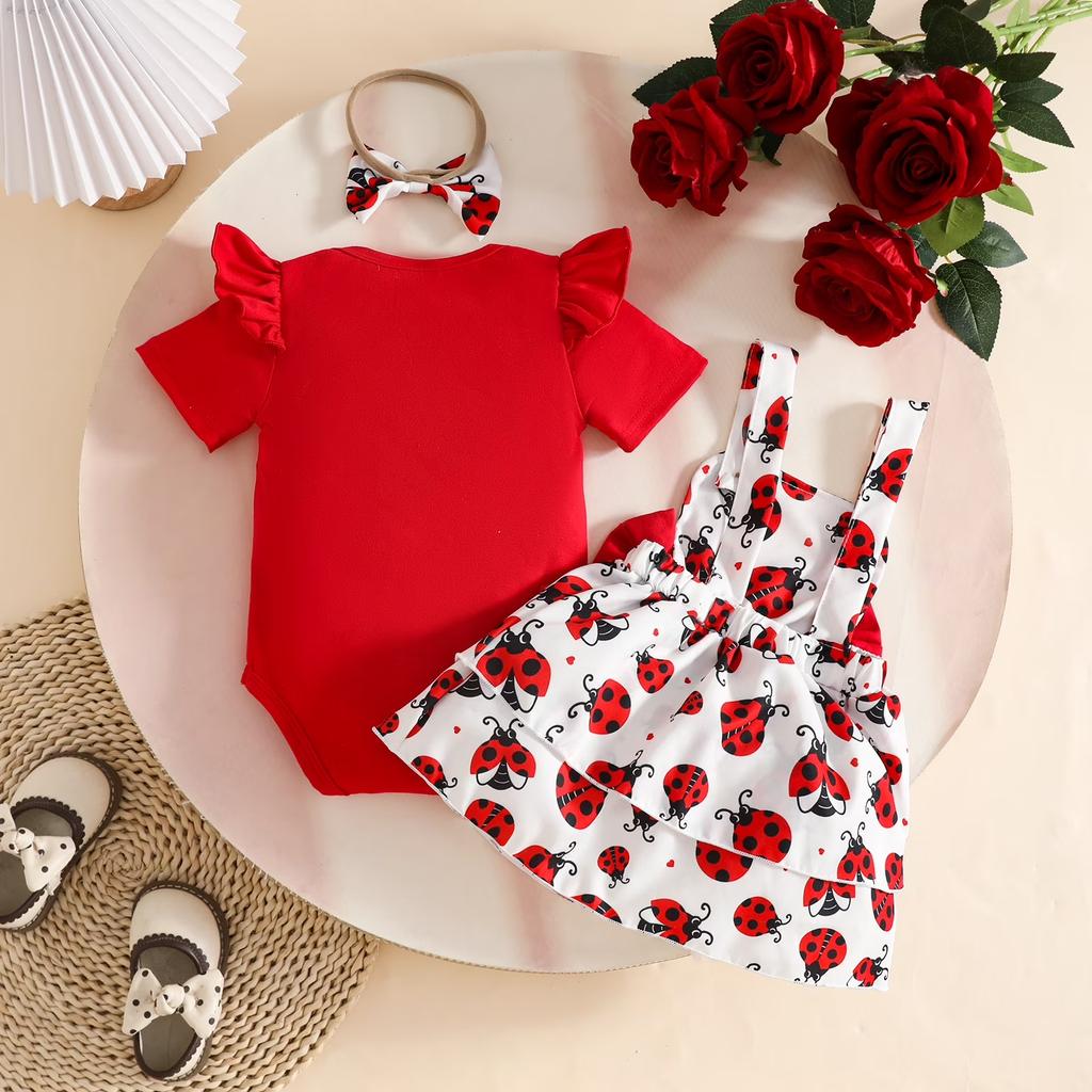 Baby Summer Outfit Set Girl Short Sleeve Bodysuit Romper Ladybug Print Dress with Bowknot Straps and Headband Infant Clothes