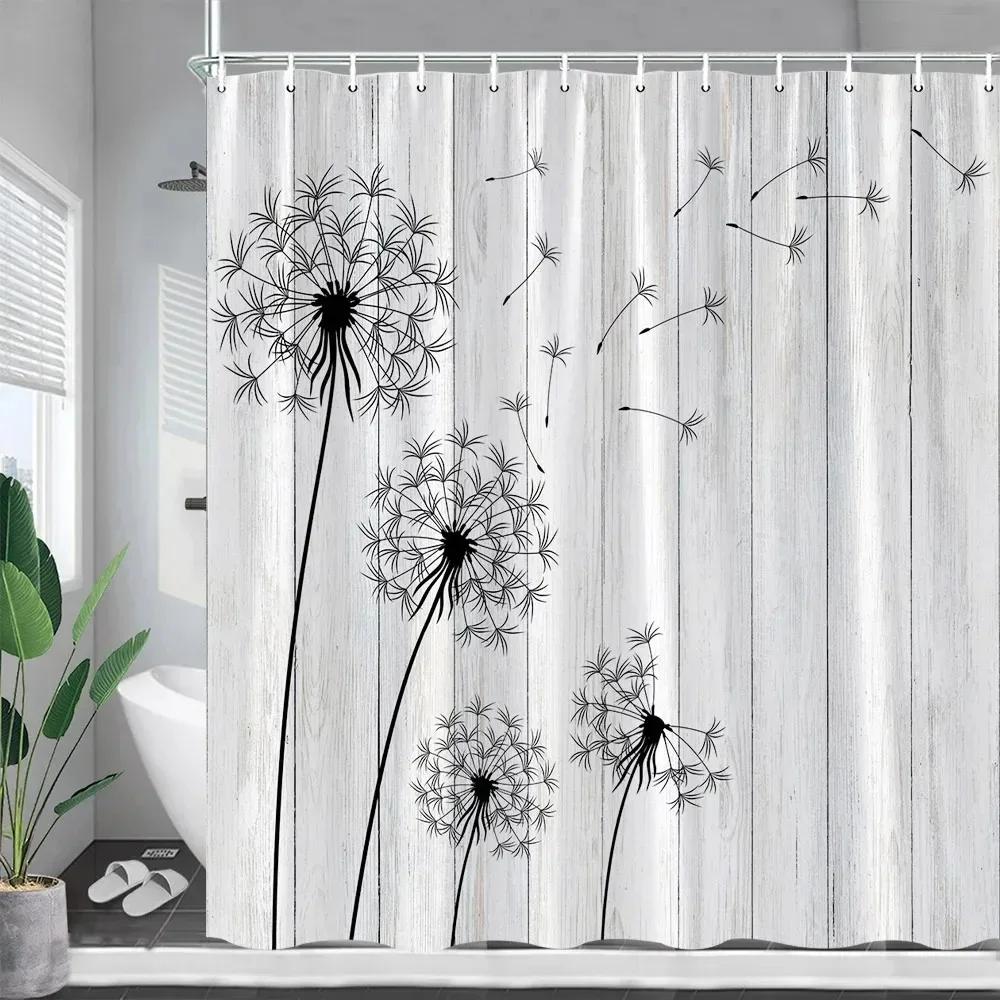 Tende da Doccia Dente di Leone Bianco e Nero Fiori Primaverili Piante Creative Minimaliste Moderne Tessuto Tenda da Bagno Arredamento Bagno Casa