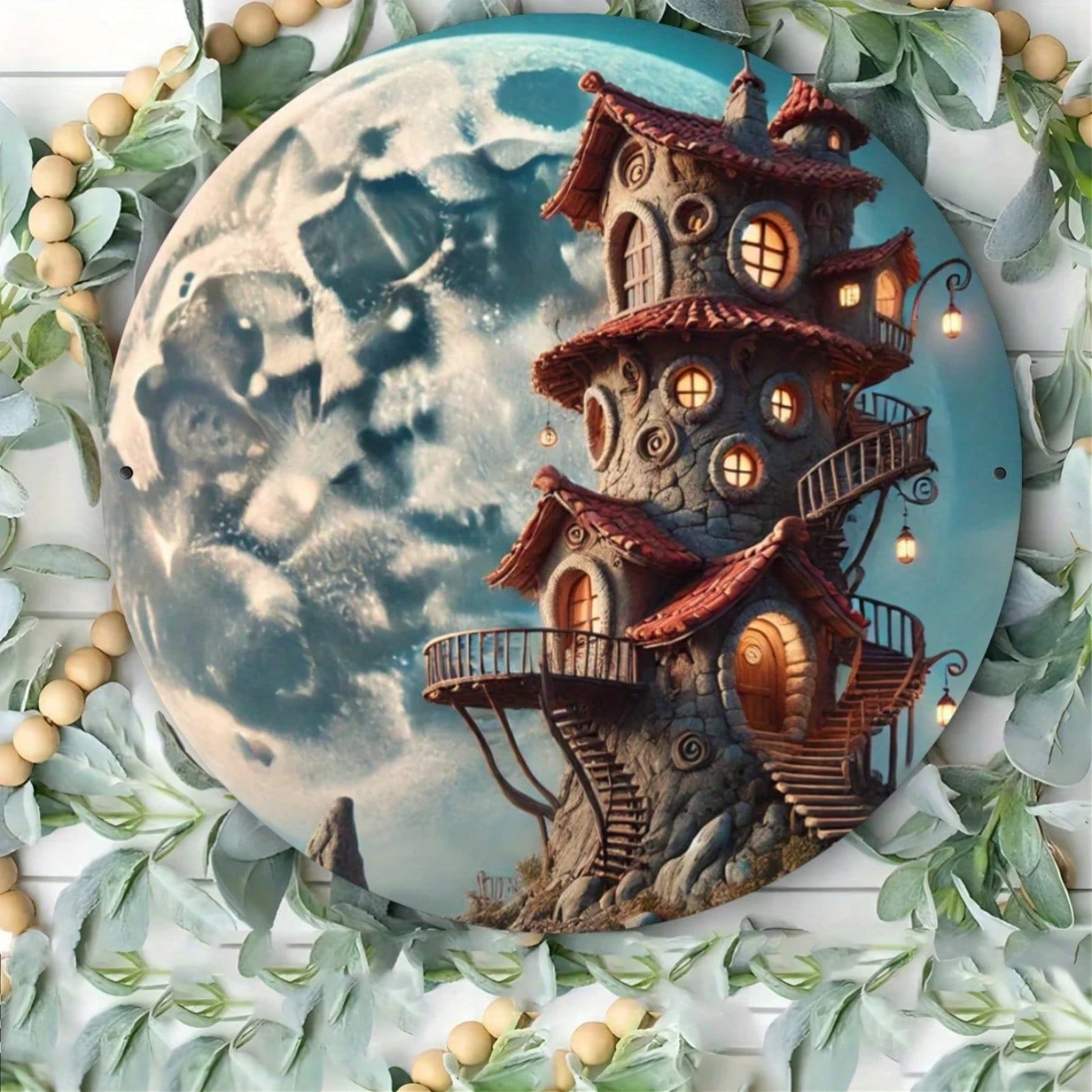 

Vintage Tree House Metal Wall Art Round Iron Sign Watercolor Ink Weatherproof 20x20