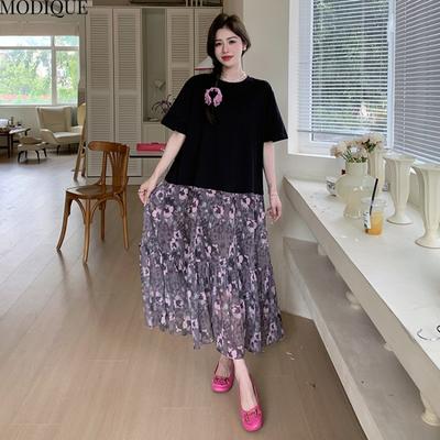 MODIQUE Summer Plus Size New Women Loose Printding Floral Pleated Patchwork Long Dresses Female Casual Short Sleeve O-Neck Dresses