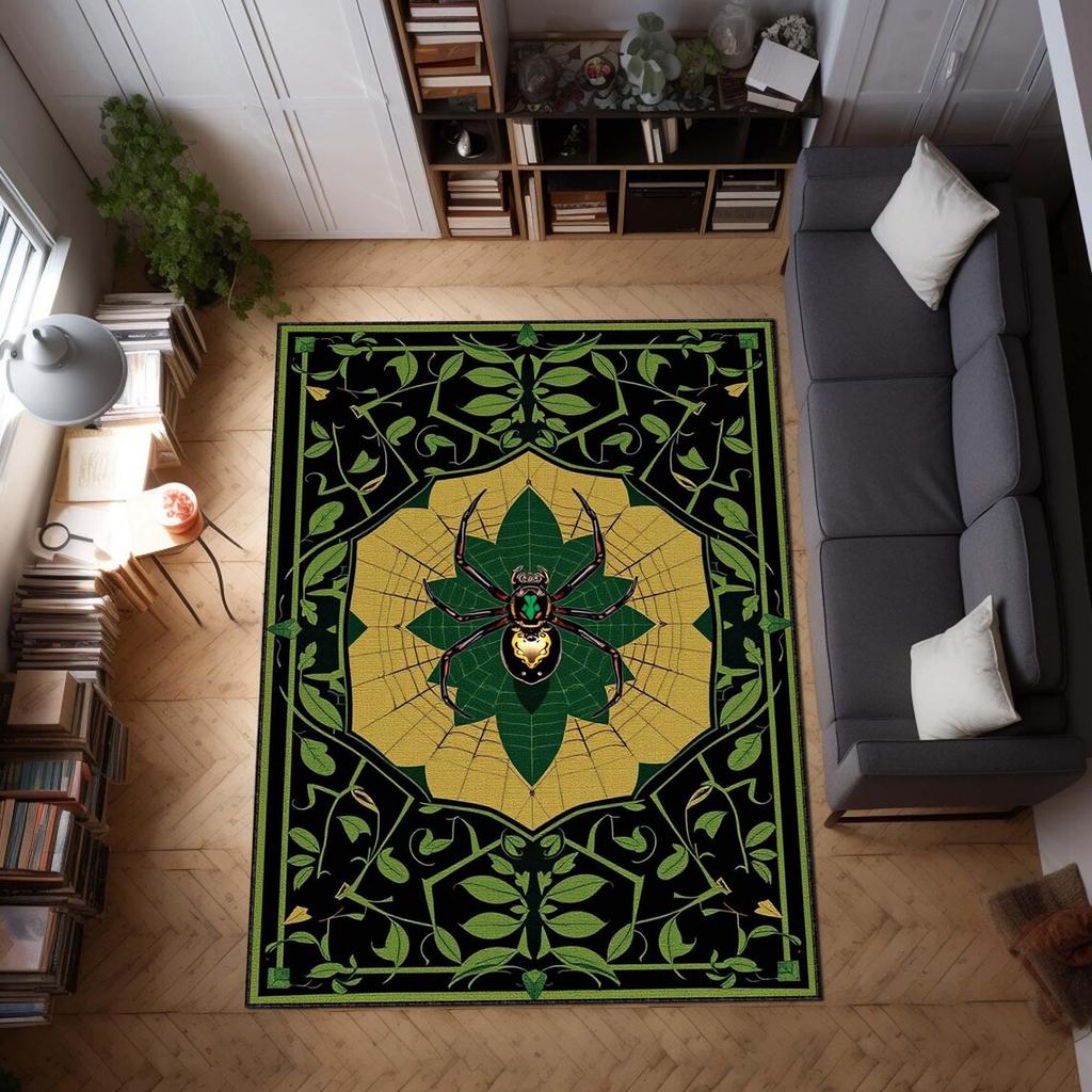 Gothic Spider Art Deco Rug, Mysterious Leave Pattern Area Carpet, Dark Aesthetic Floor Mat, Occult-Inspired Home Decor Rug