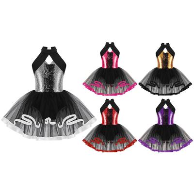 Vestido de baile con lentejuelas brillantes para niñas, cuello redondo, sin mangas, tirantes con volantes de encaje, falda tutú con espalda hueca para presentaciones