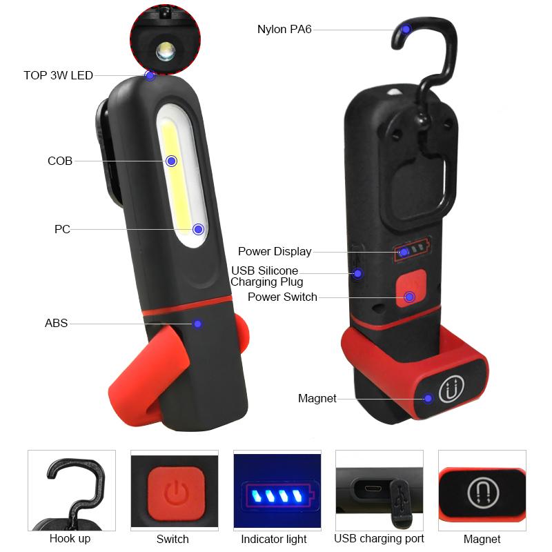 Rechargeable COB LED Work Light Portable COB Inspection Lamp with Magnetic Waterproof Work Flashlight For Car Repair Emergency