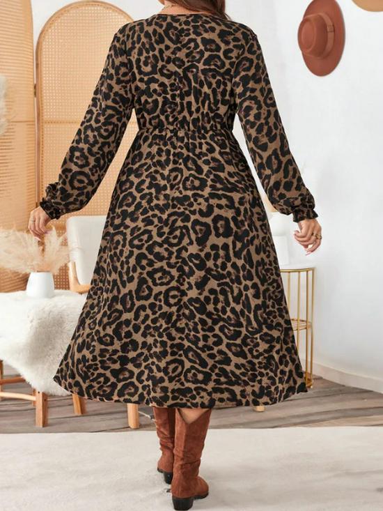 Elegantes Übergrößen-Leopardenmuster-V-Ausschnittkleid für Frühling & Herbst