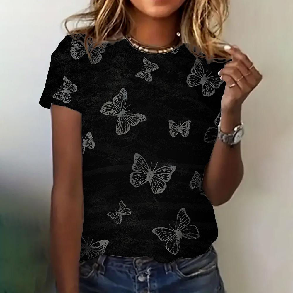Women's Clothing Summer 3D Printed T-shirt Loose Breathable Short Sleeve Fashion Butterfly Print Round Neck Casual Top Women's T-shirt