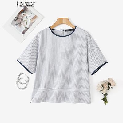 Women Summer Casual Round Neck Loose Short Sleeve Stripe Blouse