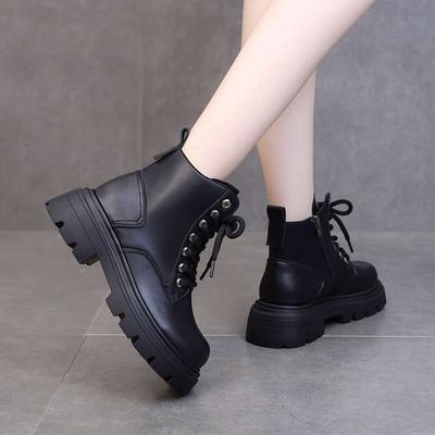 Soft Leather Non-slip Short Boots Women's Muffin Platform Single Boots 2025 New Autumn and Winter Women's Shoes British Style Foreign Style Martin Bo