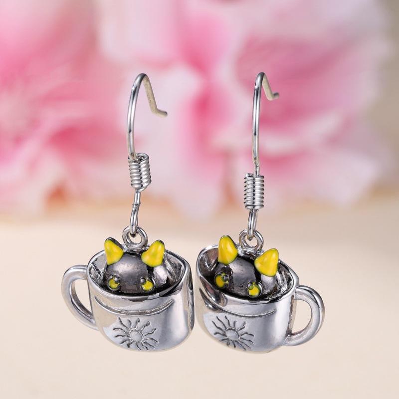 Korean version cute white K water cup black cat ear buckle sweet cute earrings