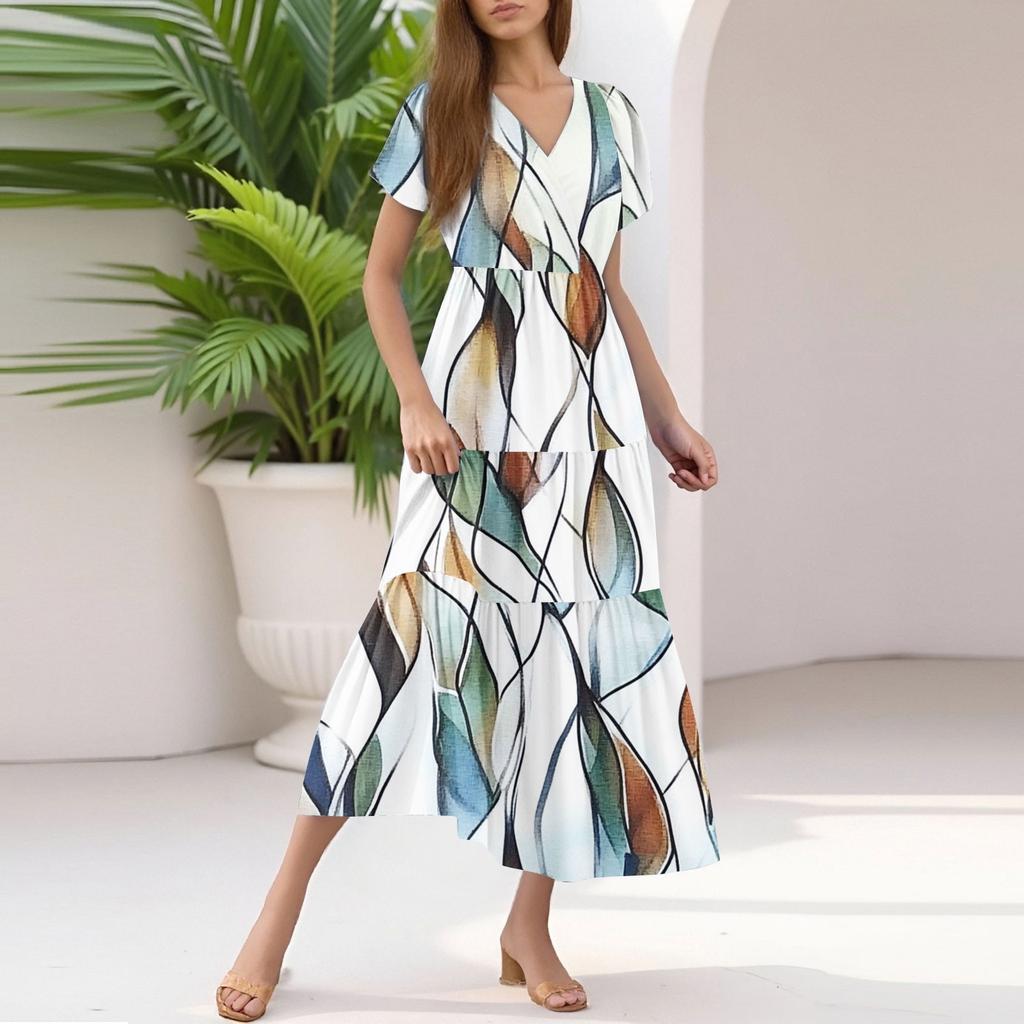 Damen Sommer Casual Mode V-Ausschnitt Rüschenärmel Blumendruck Midi-Kleid