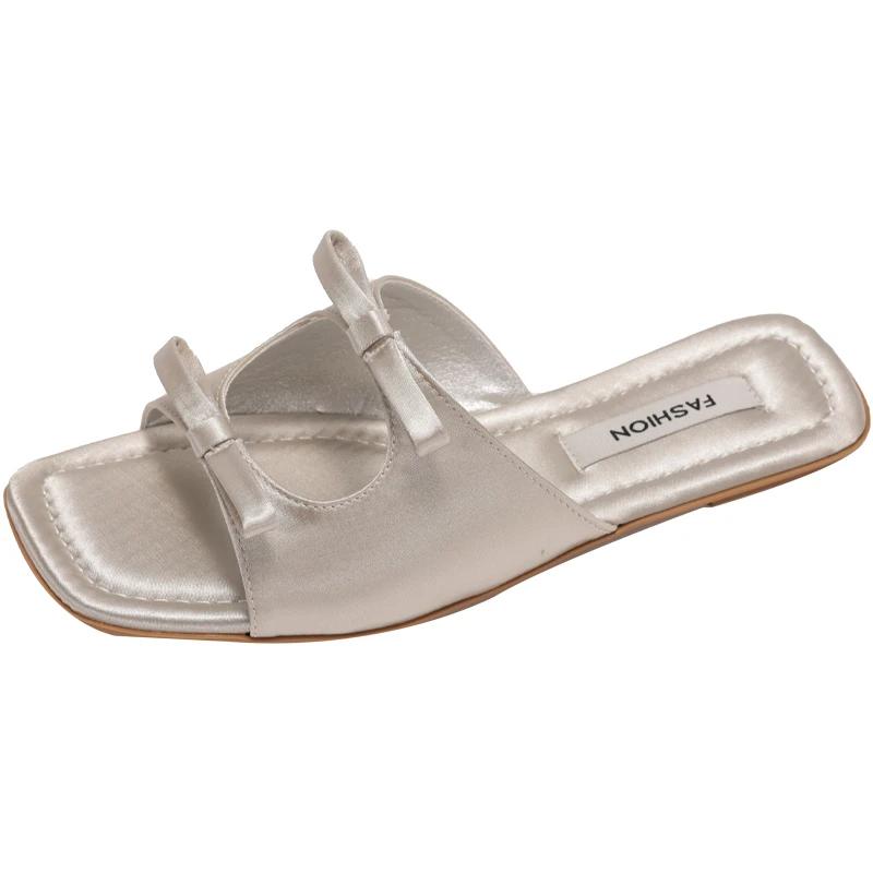 

Fashion Summer Flats Beach Women Slippers Fashion Butterfly-knot Open Toe Slide Ladies Casual Dress Sandalias 40 серебряный