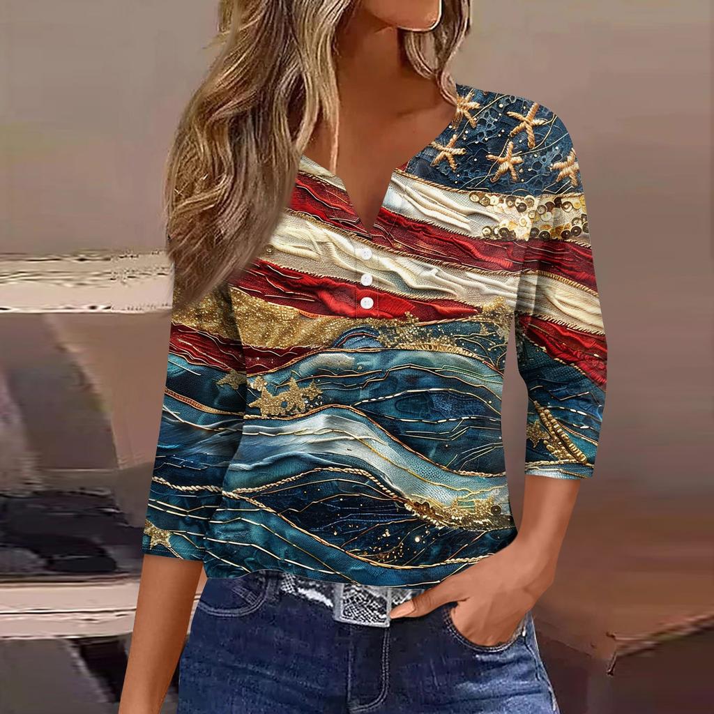 T-shirt femme imprimé bouton manches 3/4 quotidien week-end mode basique col en V haut régulier