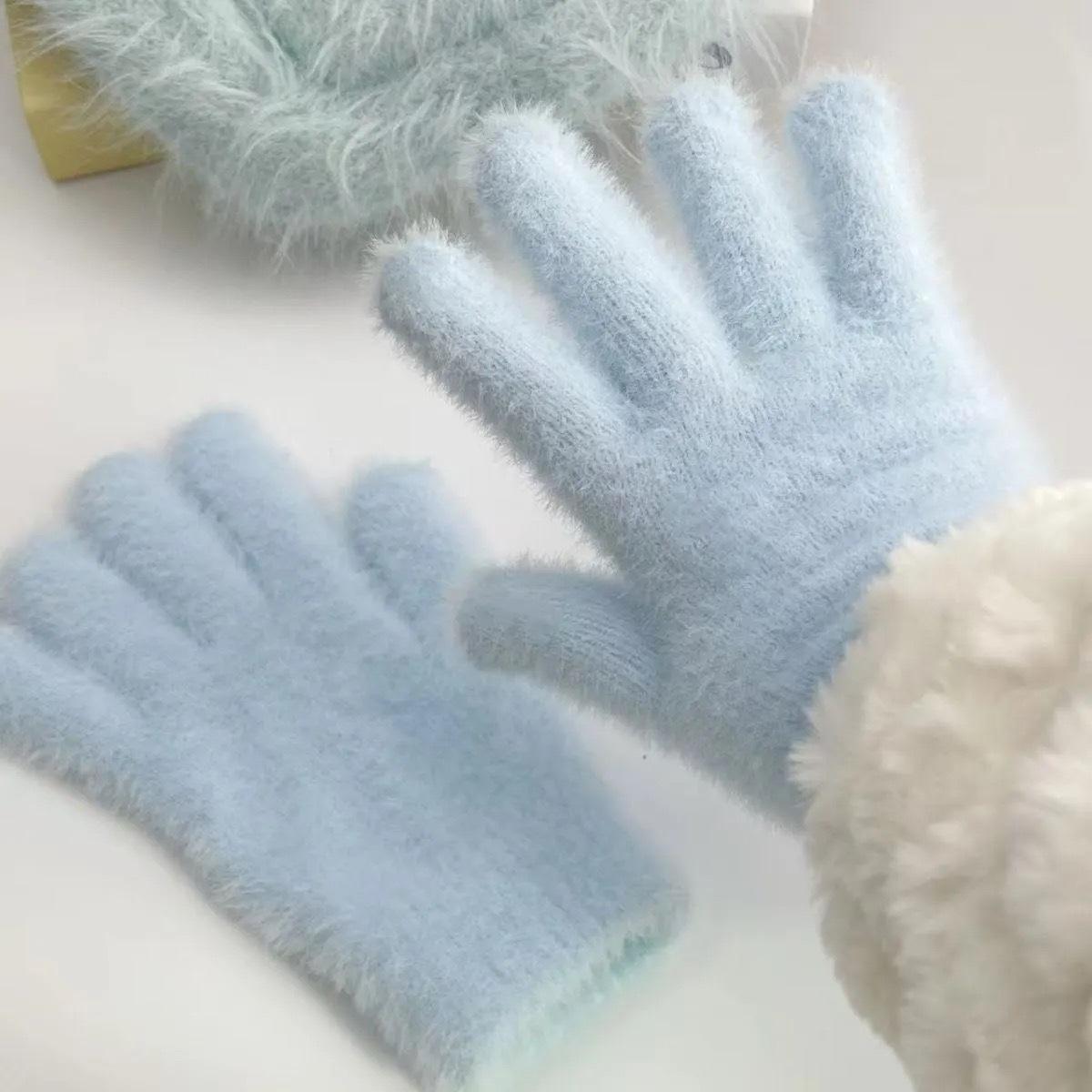 

Winter Thickened Faux Rabbit Fur Gloves Warm Mink Fur Cycling Solid Color Five-Finger Outdoor Skiing Cold-Proof Gloves One Size синий