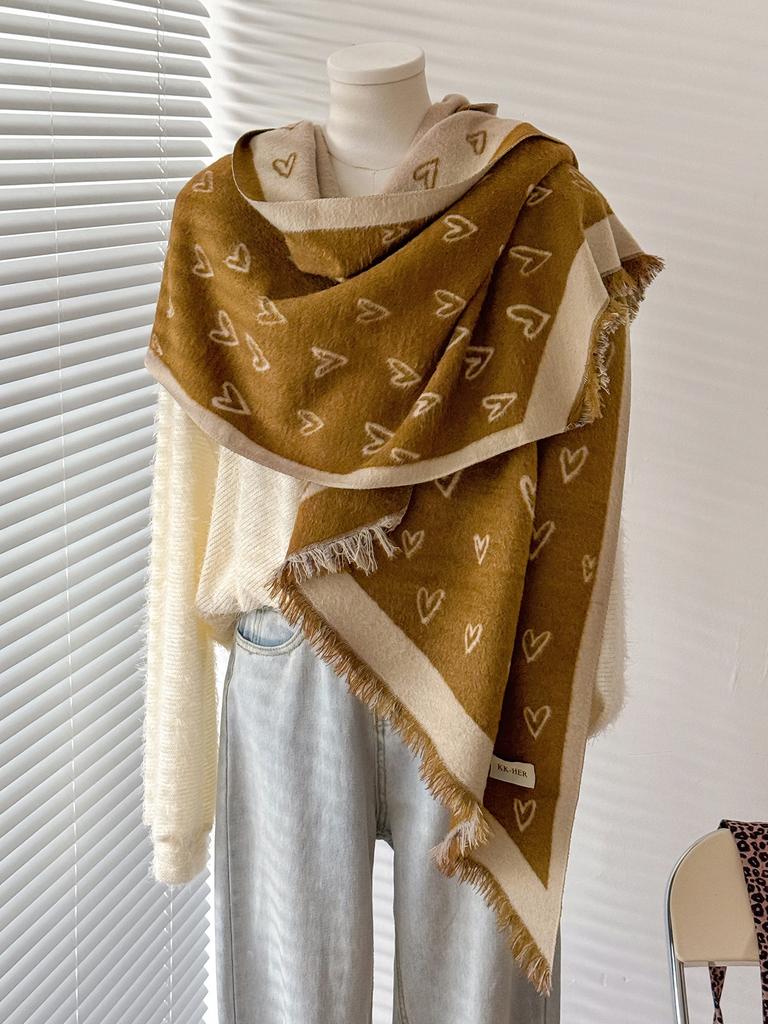 Women & Men Winter Warm Scarf Delicate Love Pattern Faux Cashmere Irregular Cut Double-Sided Neckerchief For Cold Days