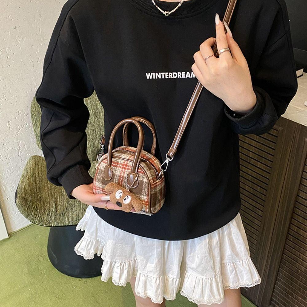 French Style Boston Shoulder Bag Cloth Women Handbags Trendy Woolen Plaid Bowling Bag  Girls