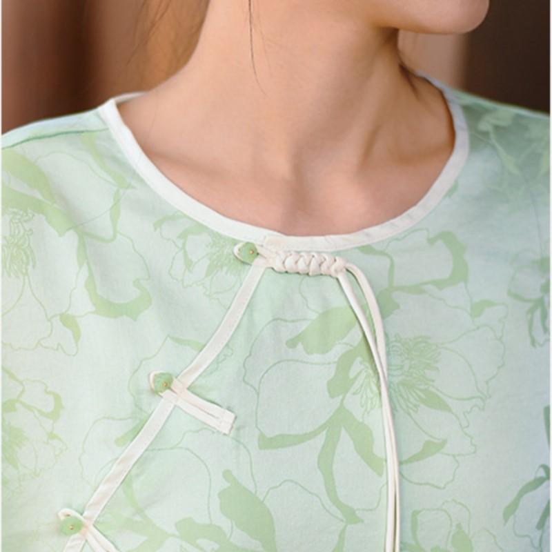 Johnature Camisas Tops Jacquard Estilo Chinês Feminino Decote O Sete Mangas Blusas Verão Botão Camisas Vintage