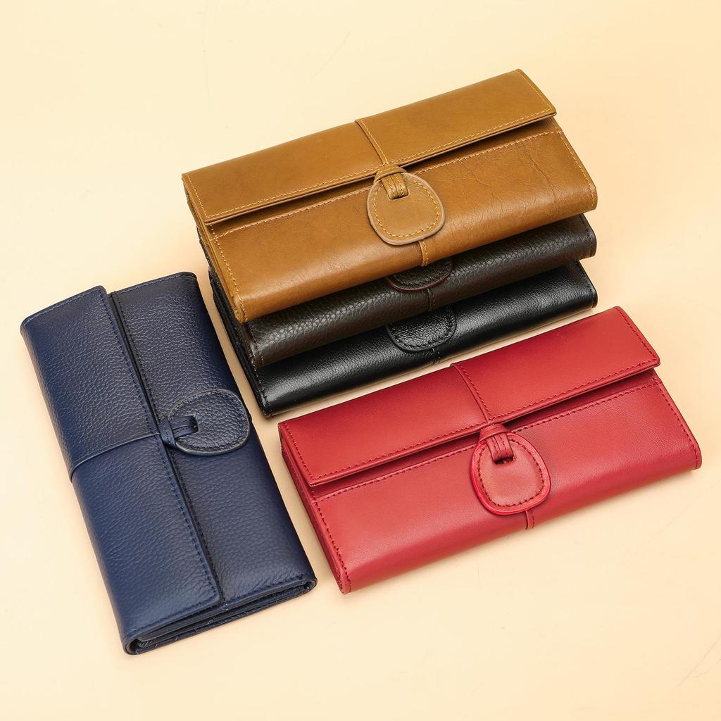 Genuine Leather Ladies' Long Wallet - Large Capacity, Multi-Card Slots, Simple, Fashionable Cowhide Handbag