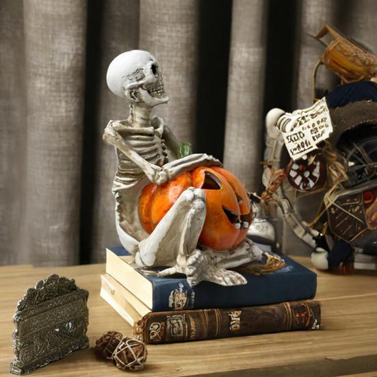 Halloween Skeleton Pumpkin Statue Spooky Pumpkin with Skull/Crow Sculpture Halloween Indoor Resin Ornament for Home Office Desk Decor