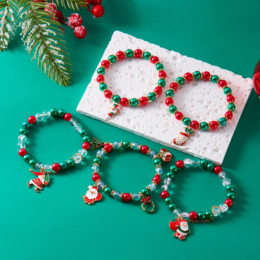 Weihnachtsperlenarmband-Set mit Schneeflocken- und Weihnachtsmann-Anhänger für Damen Weihnachtsgeschenk