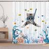 Japanese Cat Shower Curtain, Vintage Anime Sunset Wave Art, Waterproof Fabric With Hooks
