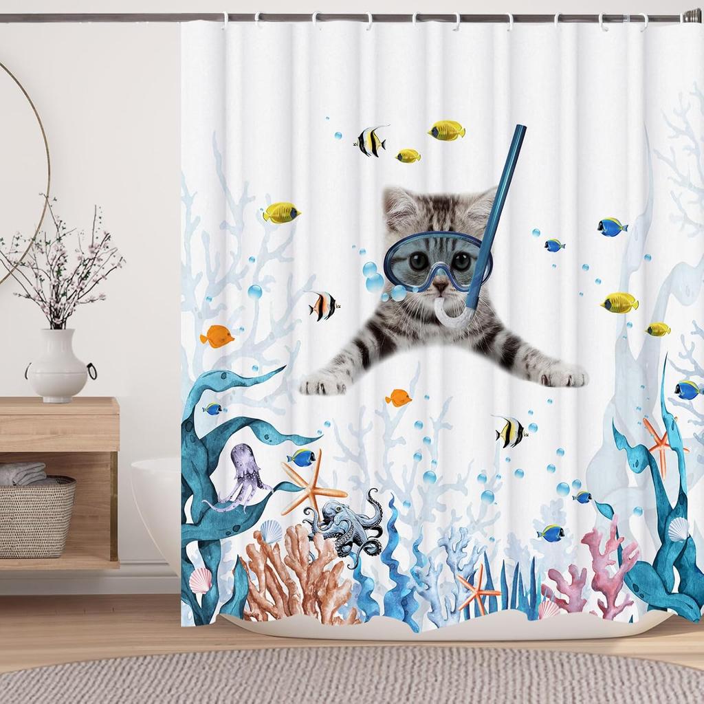 Japanese Cat Shower Curtain, Vintage Anime Sunset Wave Art, Waterproof Fabric With Hooks