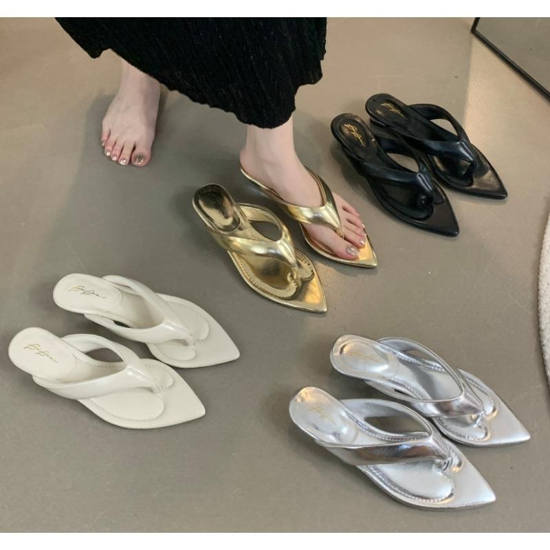 New Fashion Heel Height Concise Pinch Toes Flip Flops Pointed End Summer Strange Style Wedge Heel Women's Shoes Dress Sandals