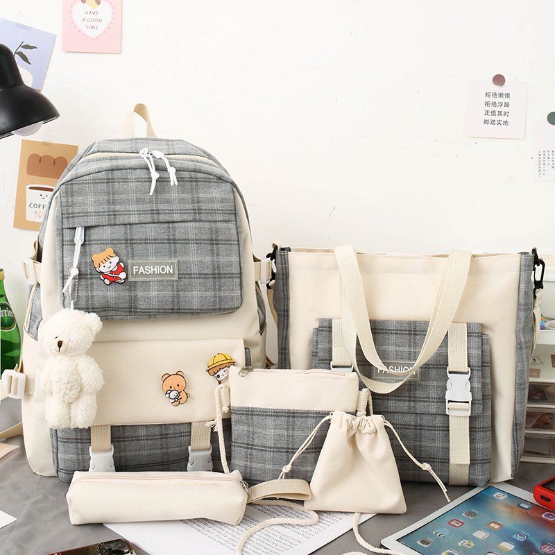 School bag cute plaid elementary school bag women's simple backpack five-piece casual backpack