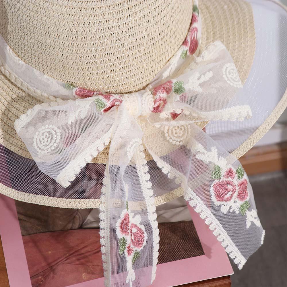 French Style Beach Straw Hat Big Brim Women's Sun Hat Elegant Lace Bow Straw Hat  Outdoor