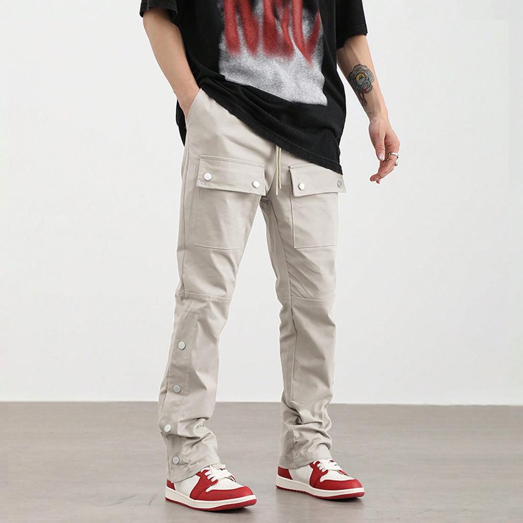 Men's Solid Color Retro Straight Wide Leg Trousers Men's Casual Fashion Multi Pocket Trousers