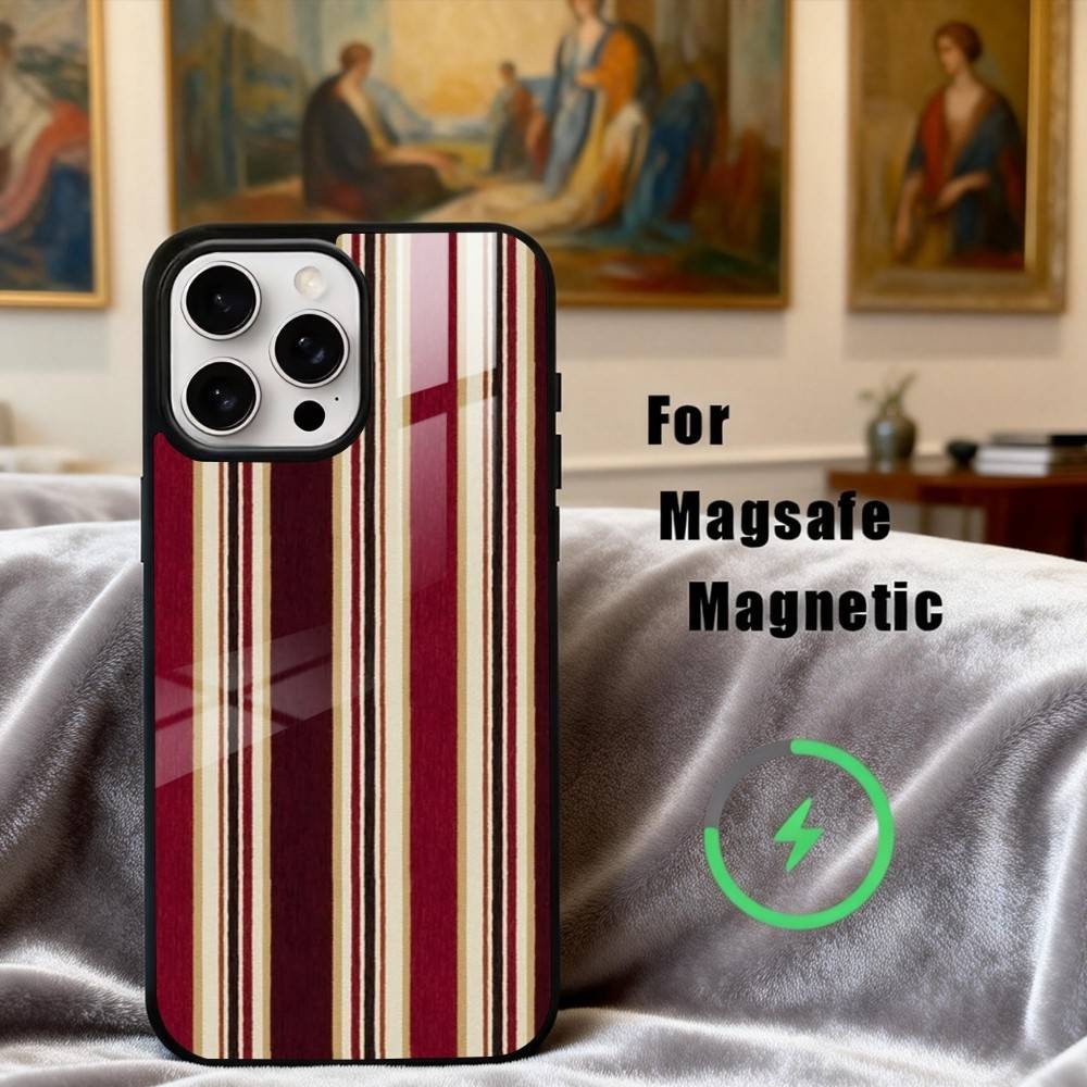 B-Burgundy W-White Stripe Phone Case For iPhone17,16,15,14,13,12,11 Plus,Pro Max Magnetic For Magsafe Wireless Charging