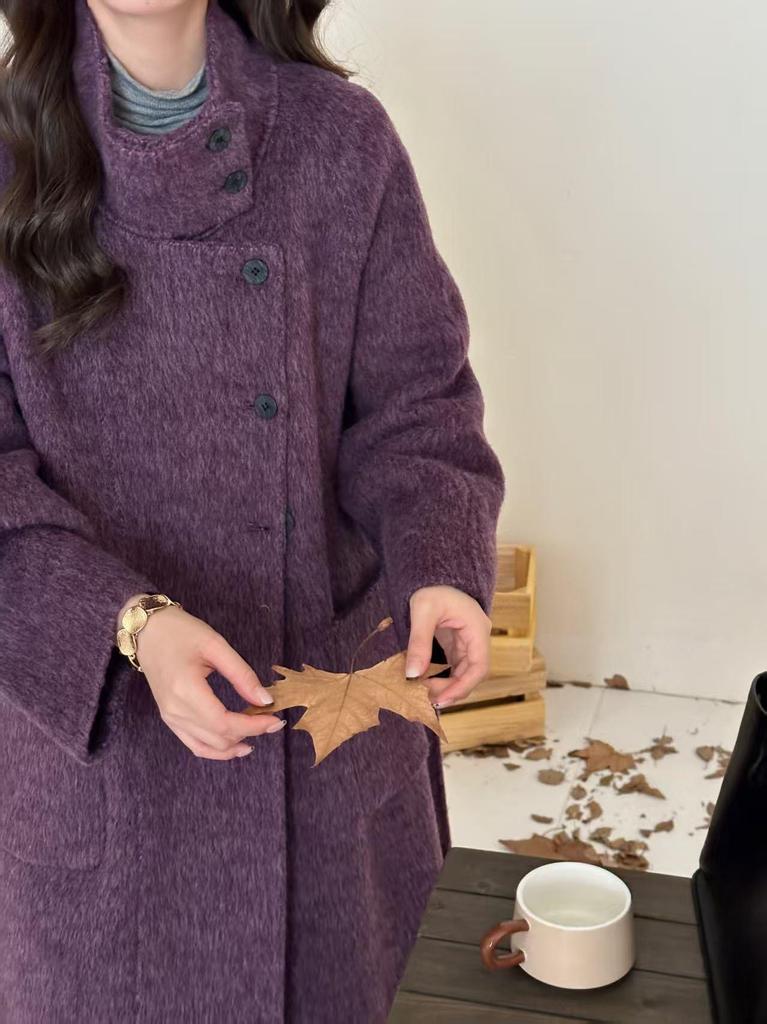 Purple Alpaca Double-Sided Cashmere Coat, Stand Collar, Knee-Length, Tie-Waist, Loose Fit, Korean Style for Autumn/Winter 2025.