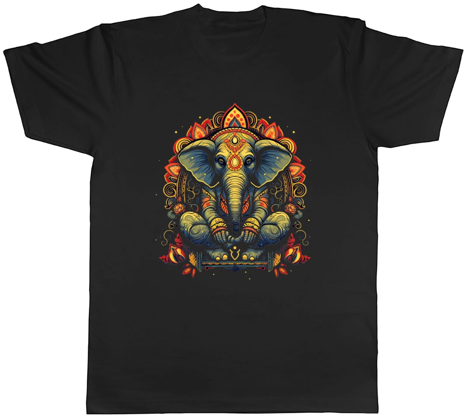 Meditating Indian Elephant Mens T-Shirt Prosperity Obstacle Remover Lucky Tee L