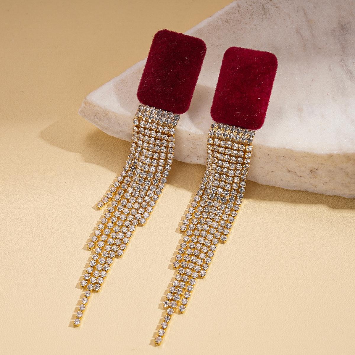 Autumn and Winter Flocking Diamond Square Tassel Silver Needle Earrings Earrings