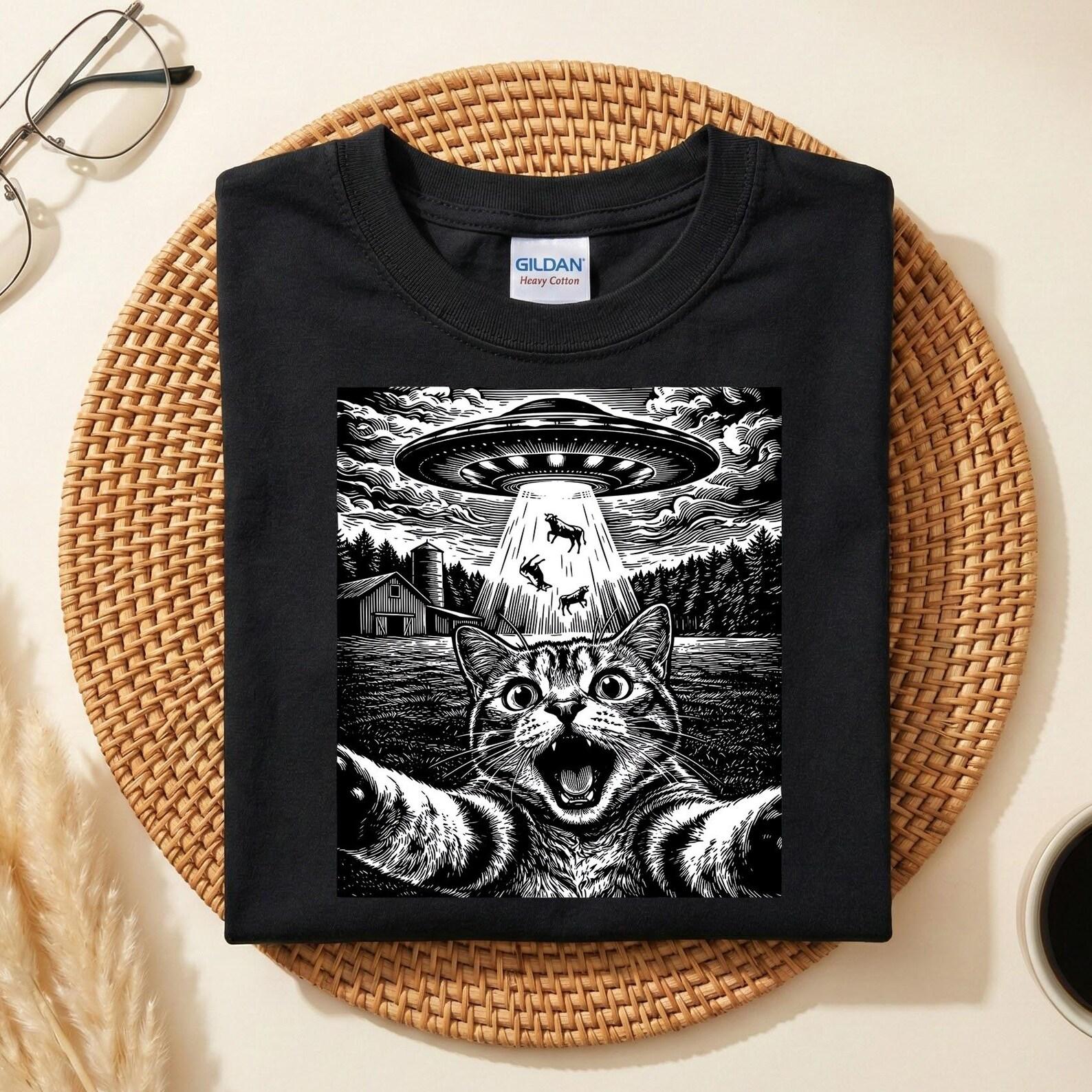 Funny Alien Cat Abduction Shirt, UFO Cat Selfie Graphic Tee, Sci Fi Space Kitty Shirt, Meme Cat Shirt, Unique Streetwear Tee XL