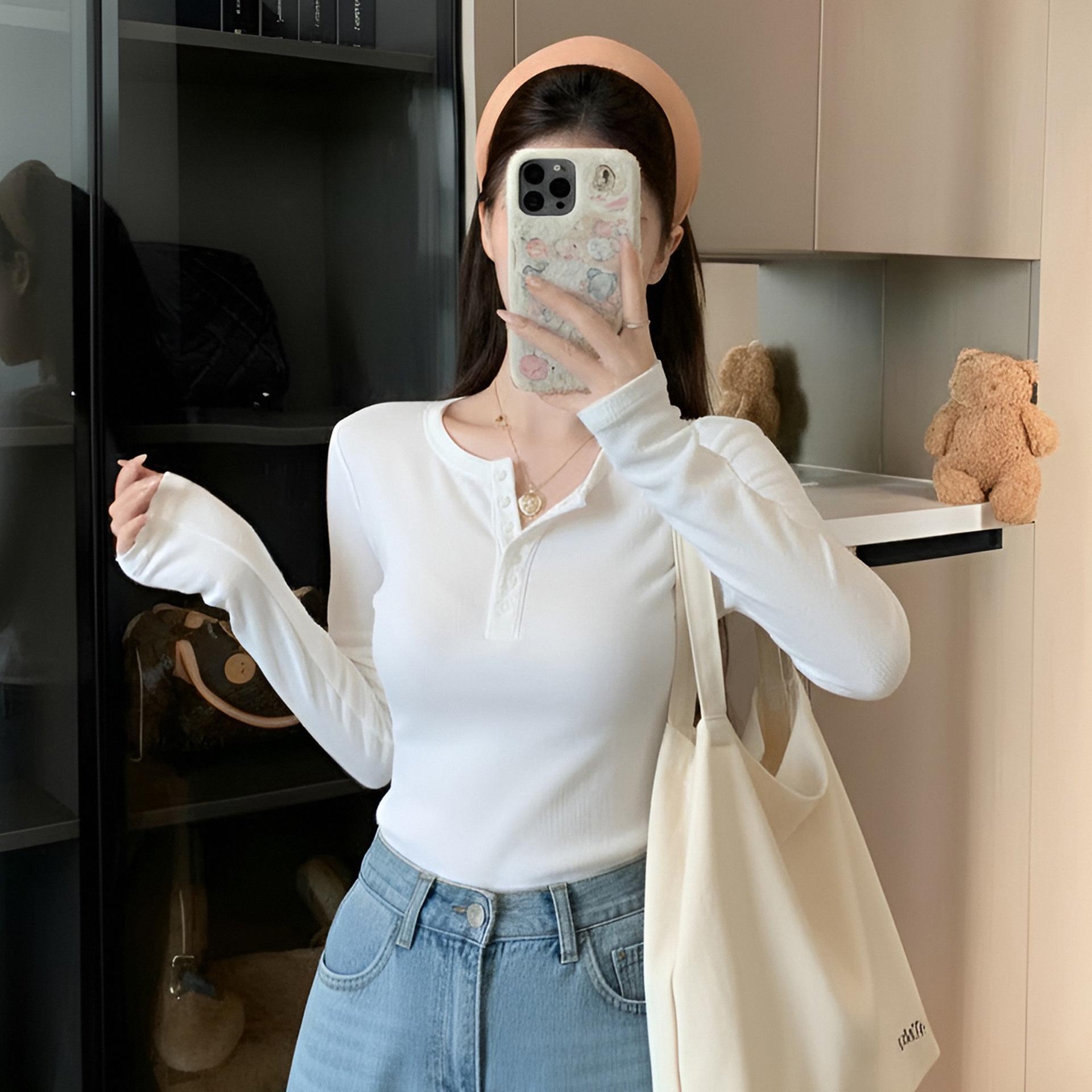 

Women s Petite Slim-Fit Henry Collar Drop-Shoulder Base Layer Top - Simple Long-Sleeve T-Shirt for Spring and Autumn S (Below 90 jin) белый