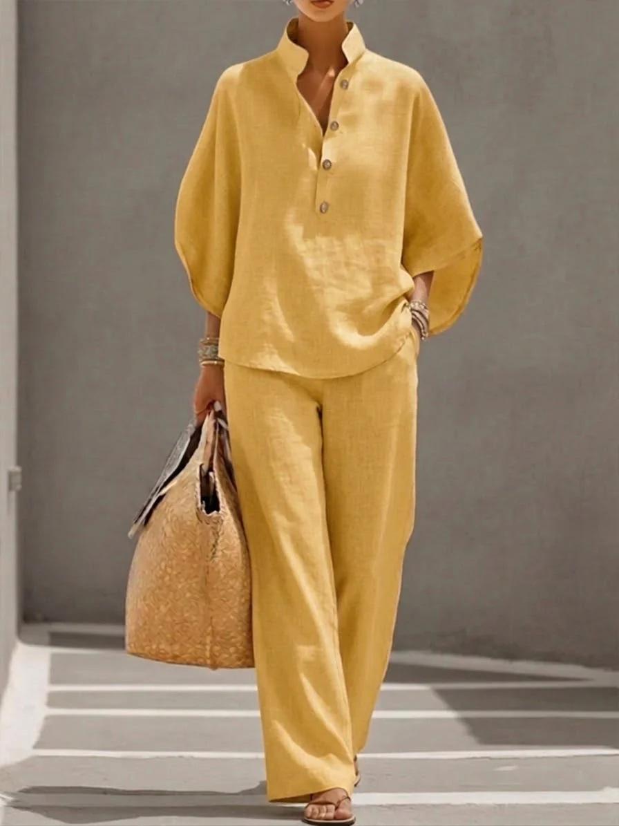 

Linen Button Front Shirt and Wide Leg Pants Casual Set 5XL