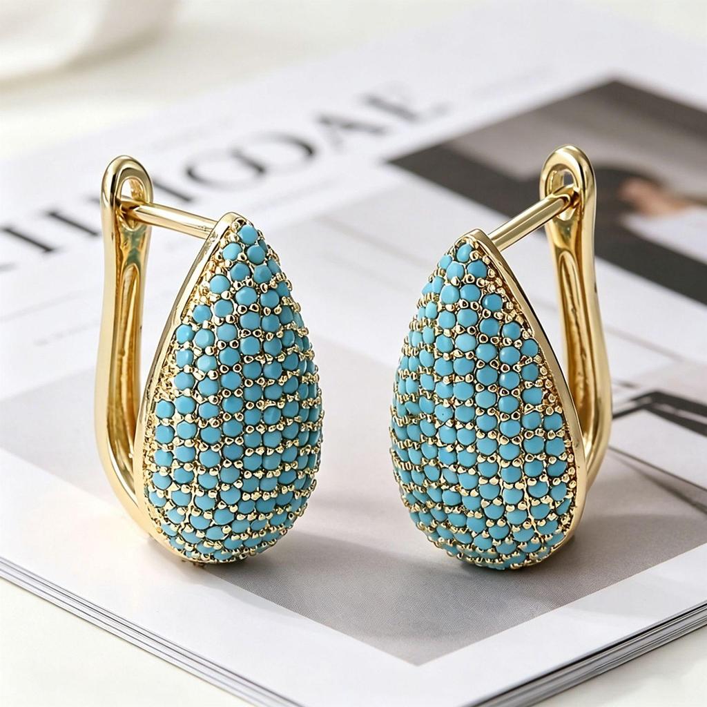 Yanbai Fashion Turquoise Geometric Oval Hoop Earrings with Zirconia - Light Luxury European & American Style