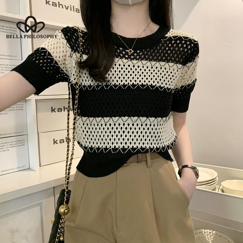 Retro Striped Knitted Short-sleeved Blouse Cap Sleeves Round Neck Ladies Sweater Woman Fashion Clothing