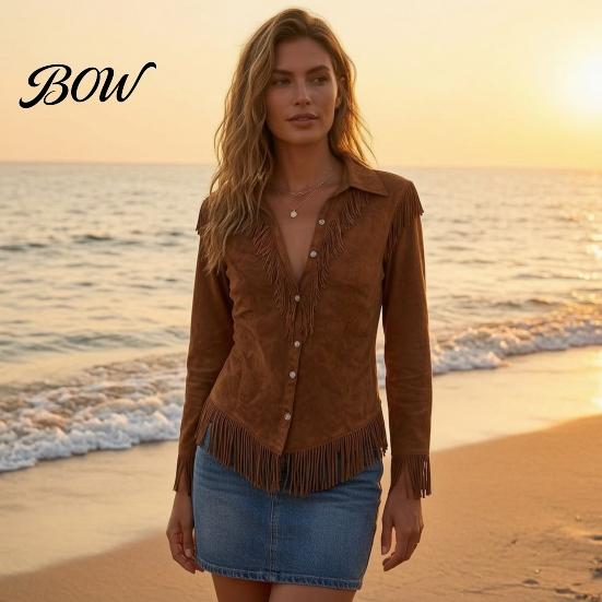 Slim Fit Fringe Blouse Women Tassel Shirt for Autumn, Button Down Regular Blouses Blouse, Solid Color Casual Long Sleeve Top, Western Cowgirl
