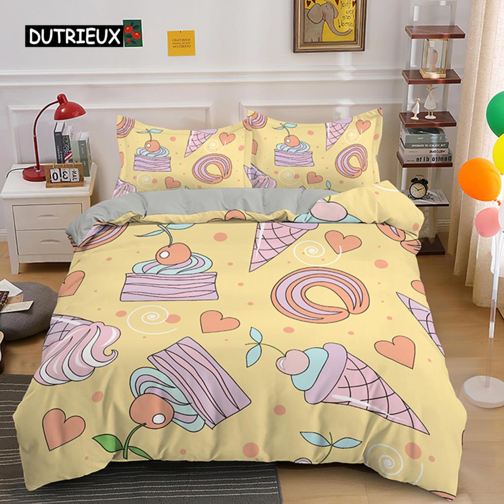 Kreskówkowy Król Królowa Poszwa na Kołdrę Deser Babeczka Lody Zestaw Pościeli Dziecko Szczęśliwe Urodziny Poliestrowa Poszwa na Kołdrę Prezenty dla Dzieci