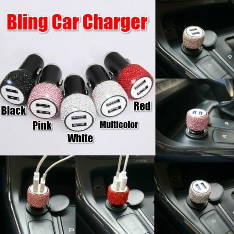 5V 2.1A Dual USB Fast Car Charger 2 USB Port Aluminum Alloy Charging Adapter - Crystal Rhinestone Car Charger