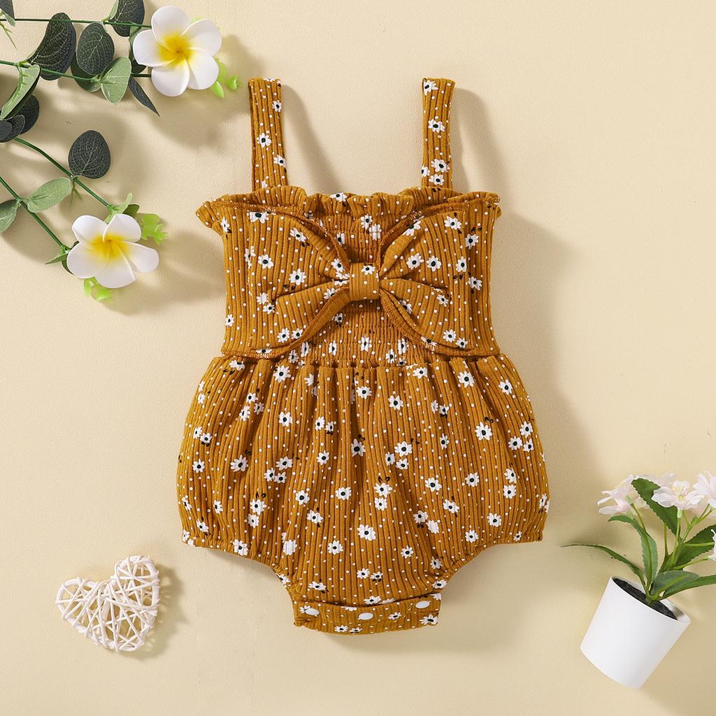 Citgeett Summer Newborn Baby Girls Ribbed Bodysuit Sleeveless Flower Dot Print Jumpsuit Bow Clothes